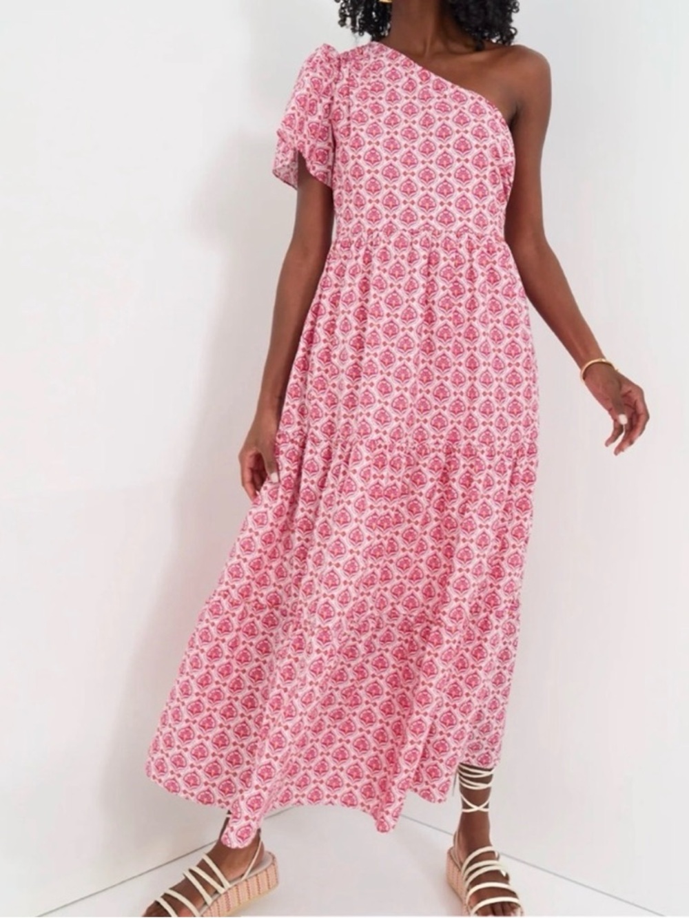 Tuckernuck Hyacinth House Pink Geo Floral One Shoulder Paden Maxi Dress